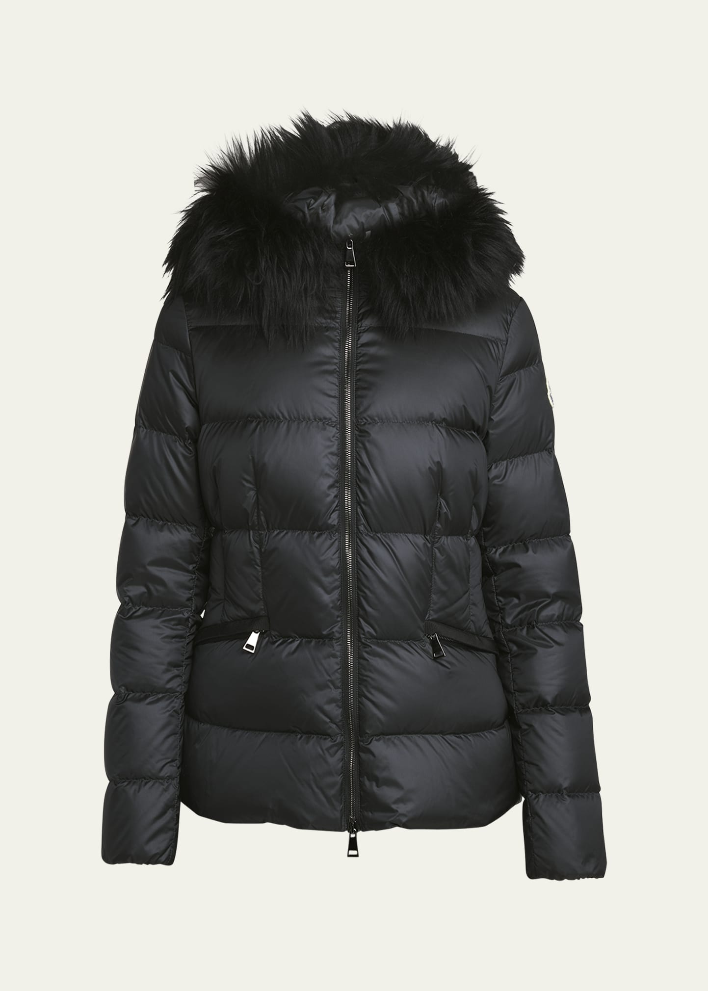 『MONCLER』Badyf Shearling-Trimmed Down Jacket★Black★ Moncler Boed Short Puffer Jacket with Shearling Hood Trim