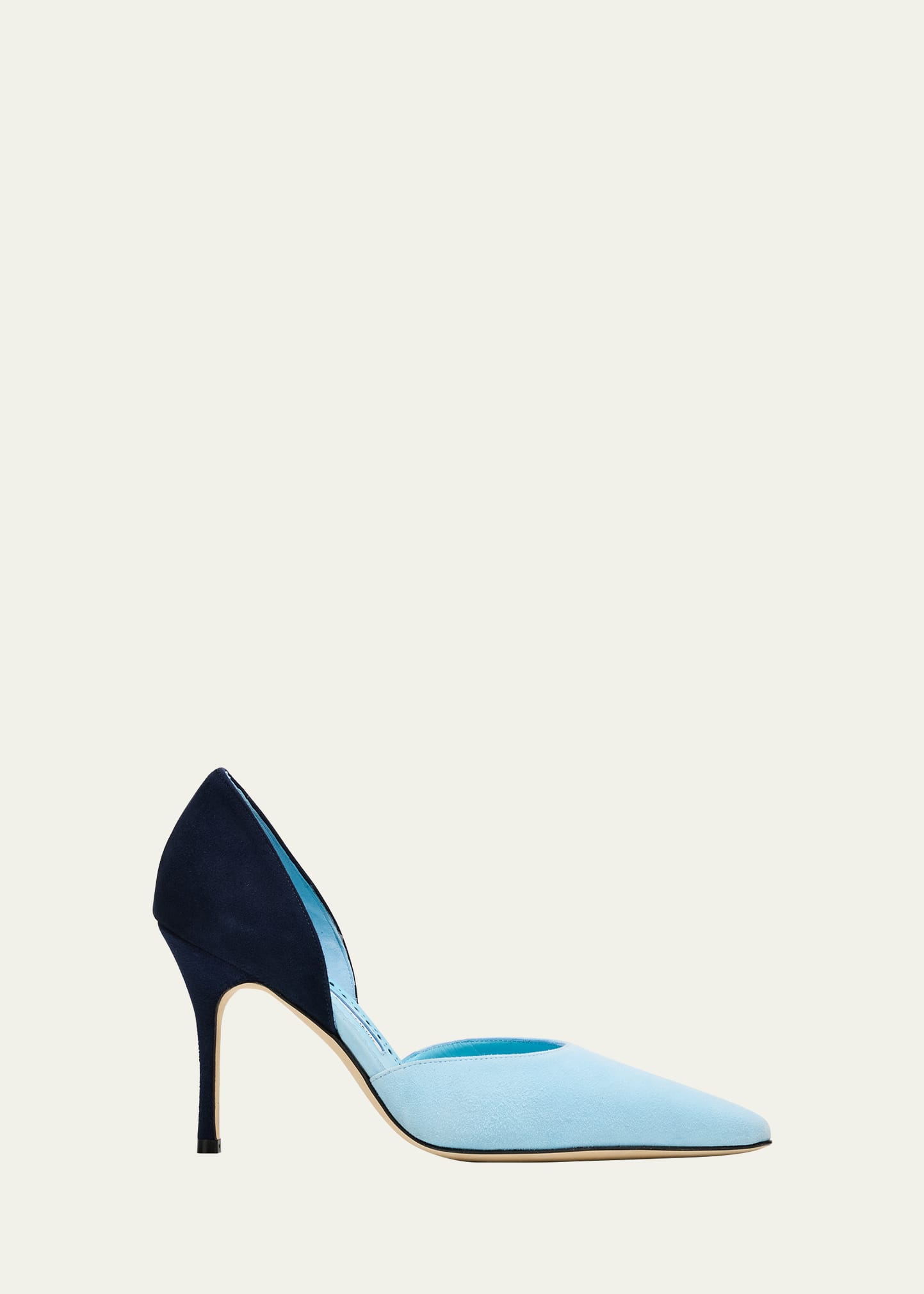 Manolo Blahnik 90mm Taylerbinu Bicolor Suede Pointed-Toe Pumps