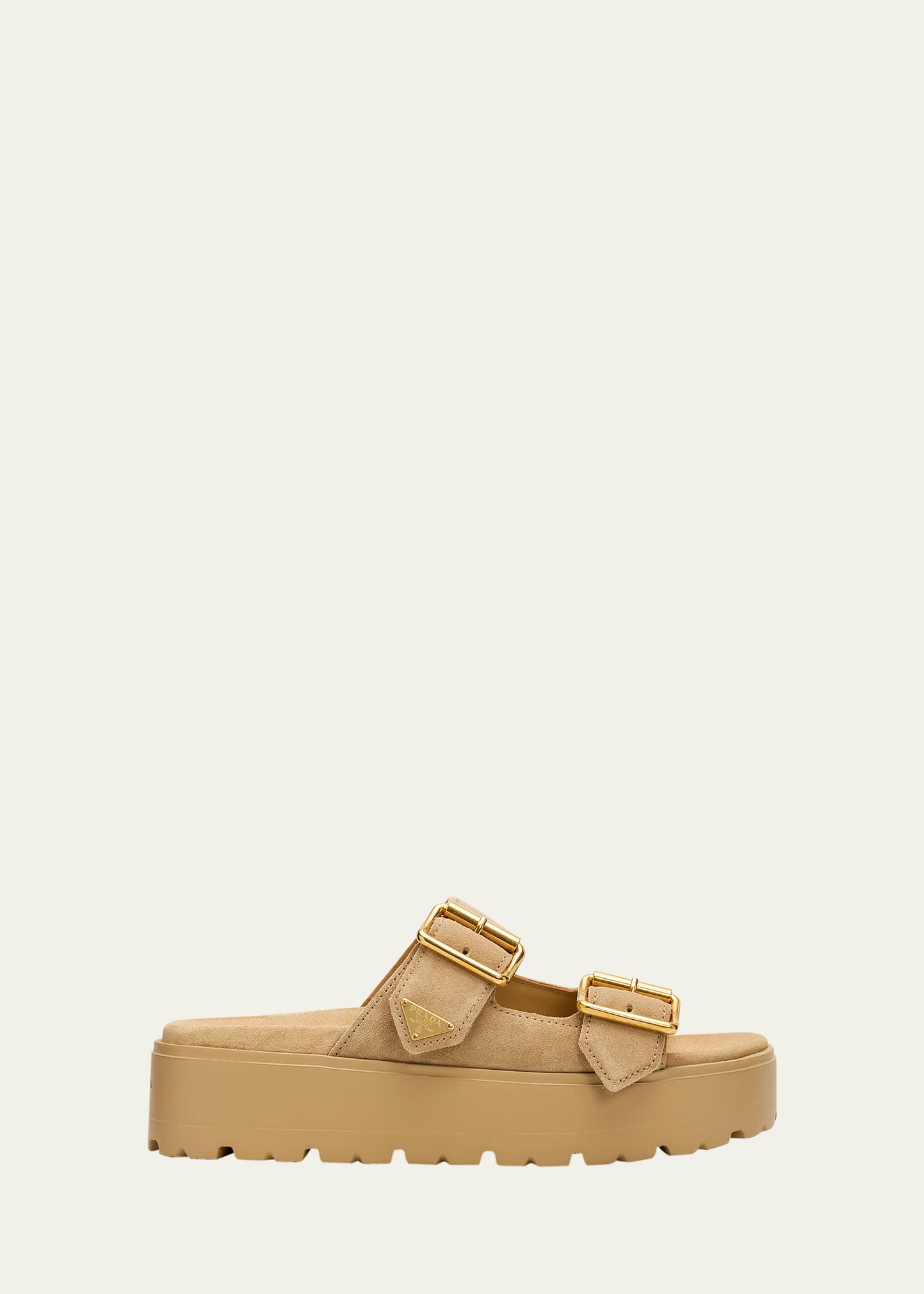 Prada Triangle Logo Suede Dual-Buckle Platform Sandals - Bergdorf