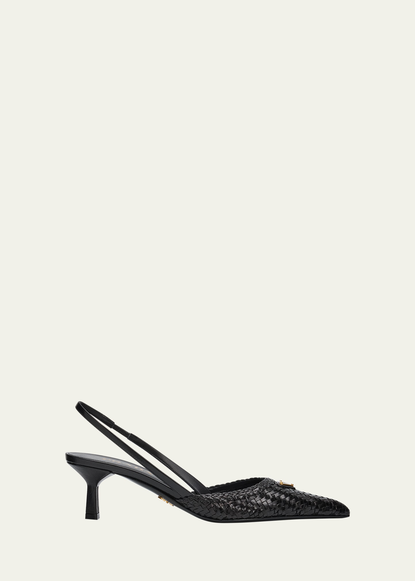 【K】PRADA Leather Low Heels Prada 55mm Triangle Logo Woven Leather Slingback Pumps - Bergdorf