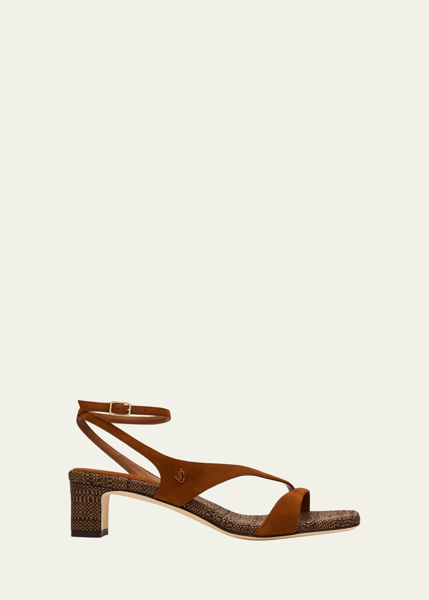 Jimmy Choo 45mm Faye Suede and Raffia Asymmetric Ankle-Strap