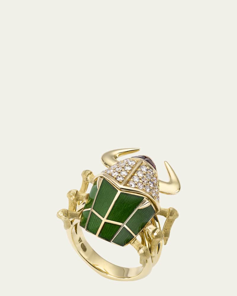 18K Yellow Gold Toro Beetle Diamond and Red Garnet Ring with Green Enamel
