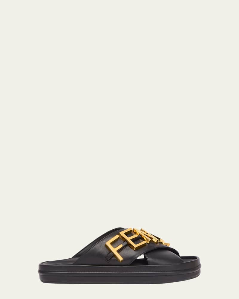 Fendi Vitello leather strapped sandals Snow White color. Gold logo
