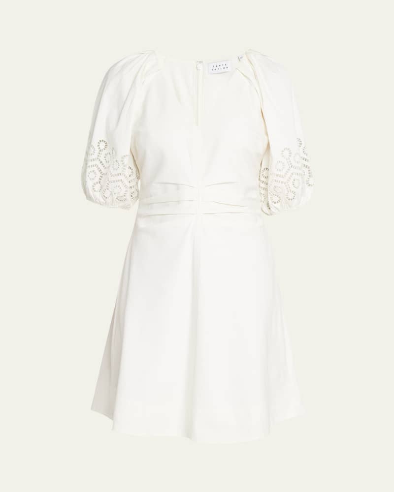 Lacey Broderie Puff-Sleeve Mini Poplin Dress