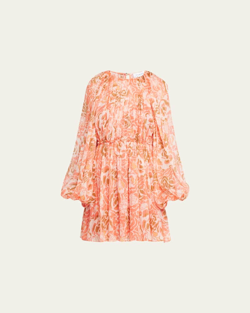 York Floral Linen-Silk Blouson-Sleeve Mini Dress