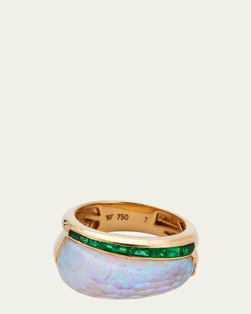 18K Yellow Gold Ch2 Slimline Ring with Opalescent Quartz Crystal Haze and Emeralds