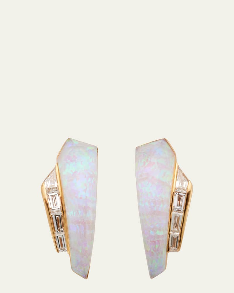 18K Yellow Gold Ch2 Slimline Cuff Earrings with White Opalescent Quartz Crystal Haze with Diamonds