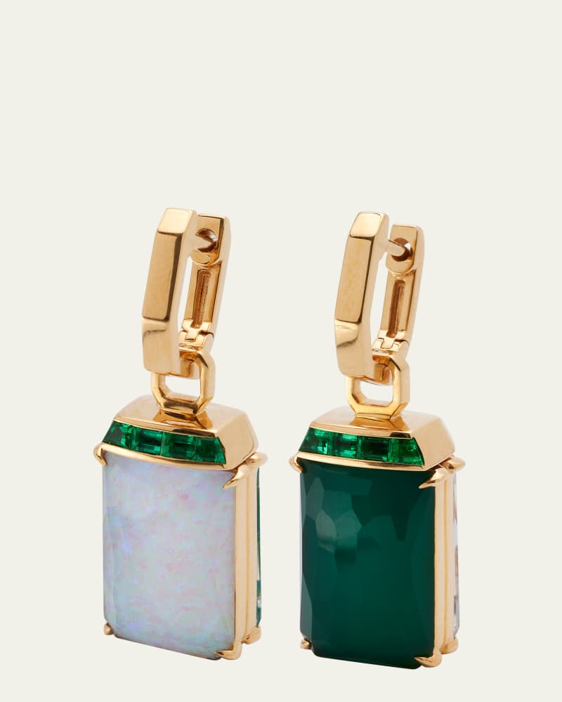 18K Yellow Gold Ch2 Large Twister Earrings with Opalescent Crystal Haze Quartz  Green Agate and Emeralds