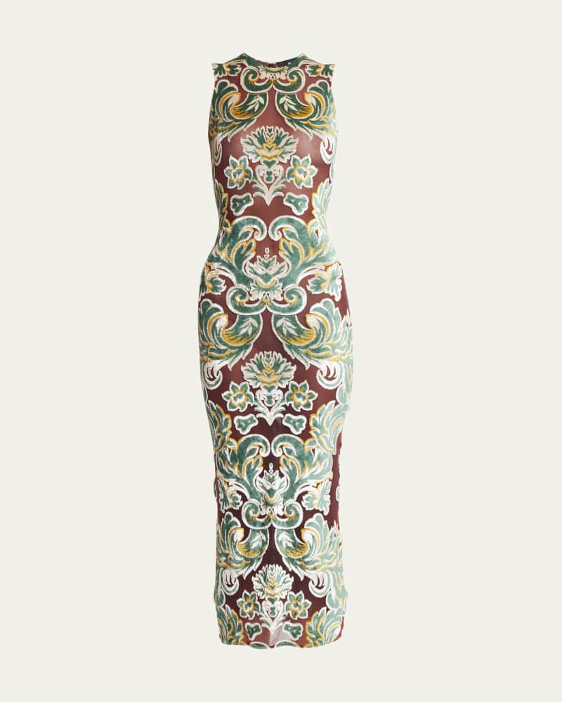 Sleeveless Damask-Print Fitted Midi Dress
