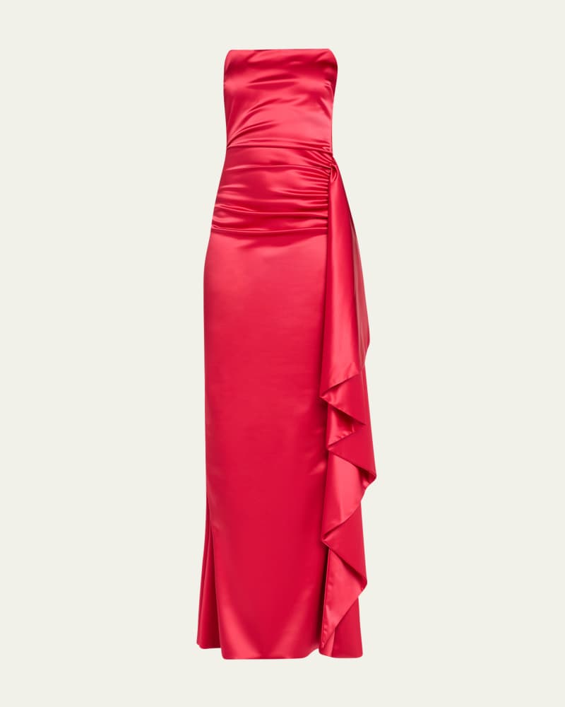 Kazmer Ruched Side-Ruffle Satin Gown