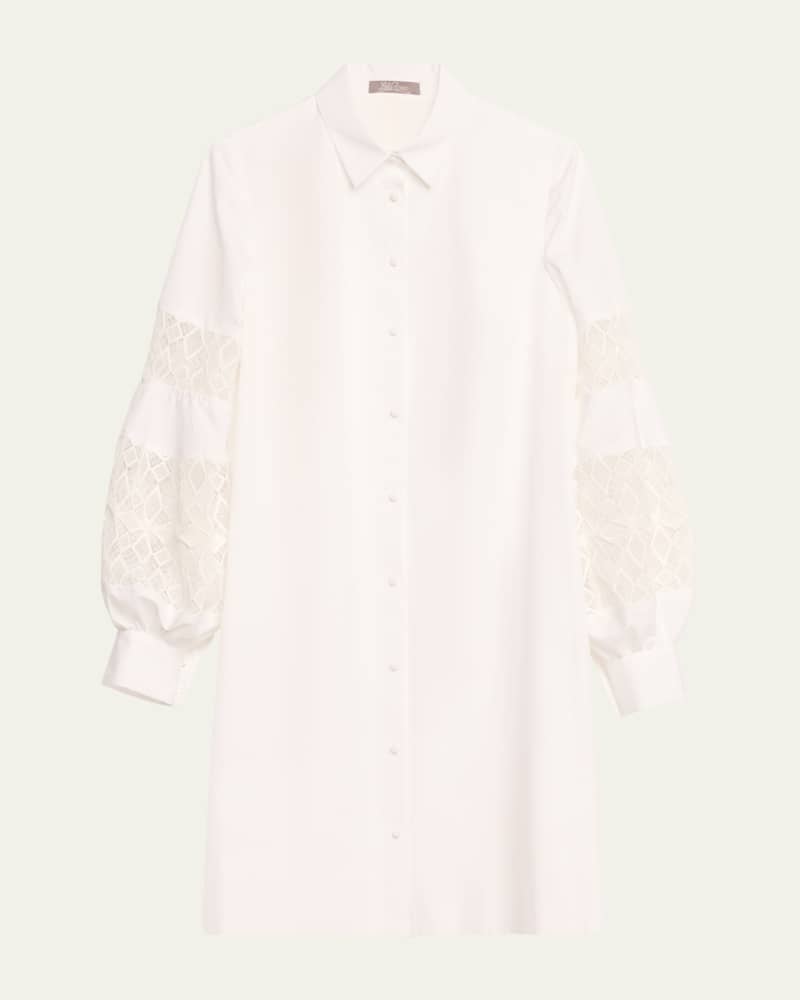 Lace-Inset Blouson-Sleeve Shirt Dress
