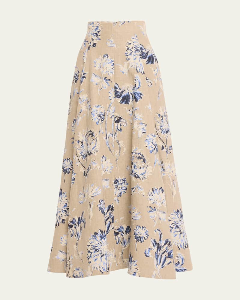 Floral High Waist Full Linen Skirt