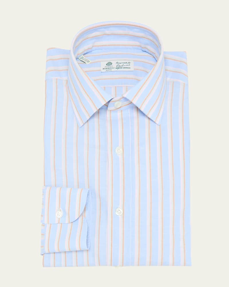 Men's Cotton and Linen Multi-Stripe Dress Shirt