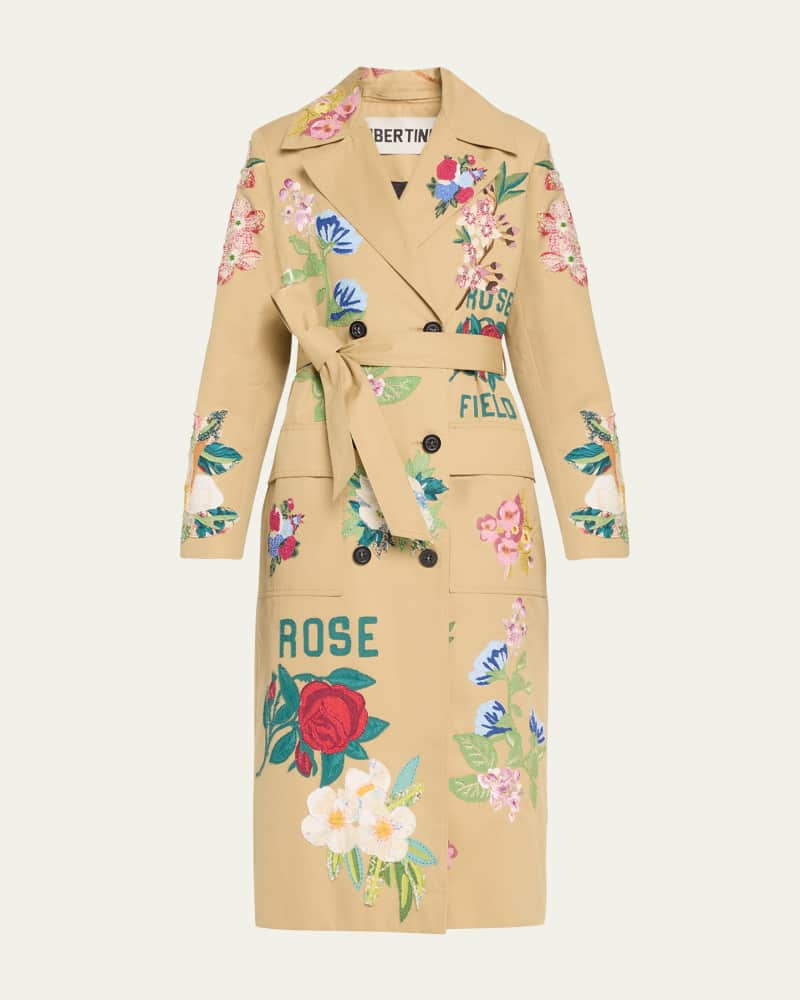 Hand Quilted Floral Trench Coat with Tie Belt