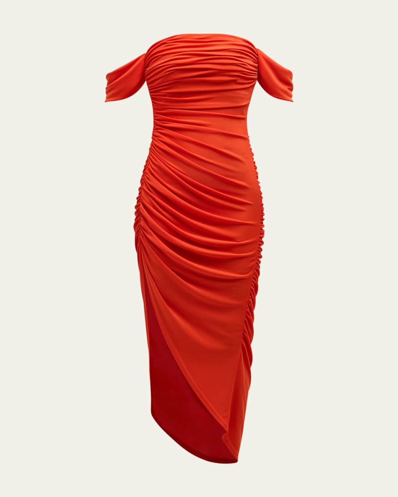 Delaney Off-Shoulder Ruched Midi Dress