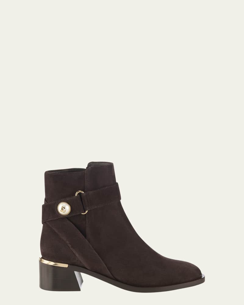 Noor Suede Pearly-Button Ankle Booties