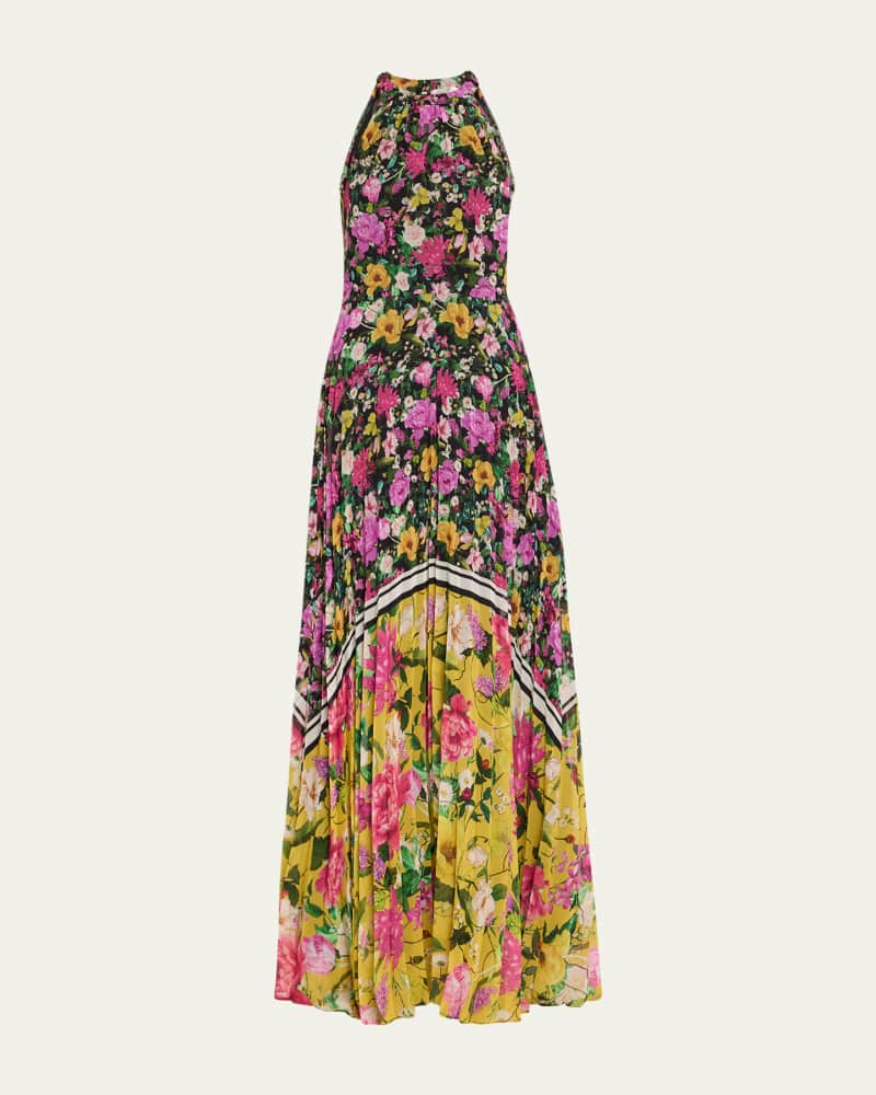 Pleated Floral-Print Halter Gown