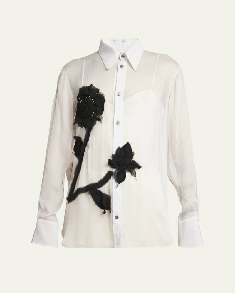 Flower-Embroidered Bicolor Classic Long-Sleeve Silk Shirt