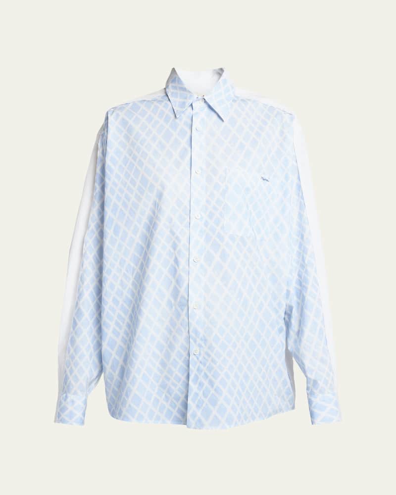 Lattice-Print Contrast-Back Long-Sleeve Button-Down Shirt