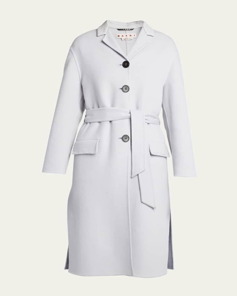 Leather-Collar Belted Single-Breasted Cashmere Long Coat