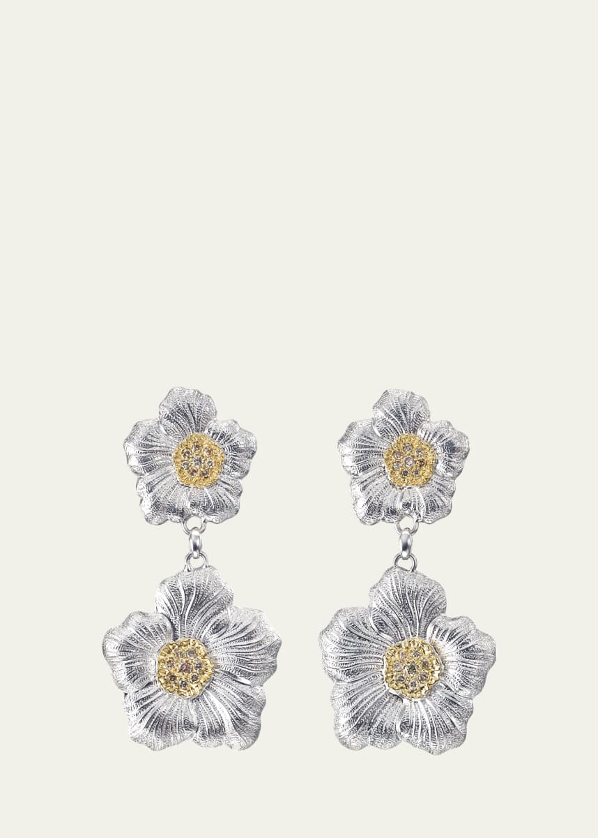 Buccellati Blossoms Gardenia Silver, Gold and Brown Diamond Pendant Earrings