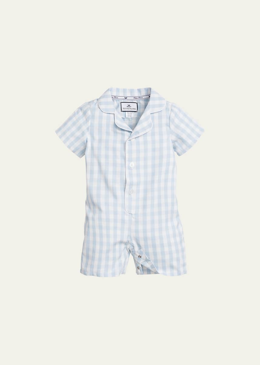 Petite Plume Kid's Gingham Romper w/ Contrast Piping, Size Newborn-24M Size