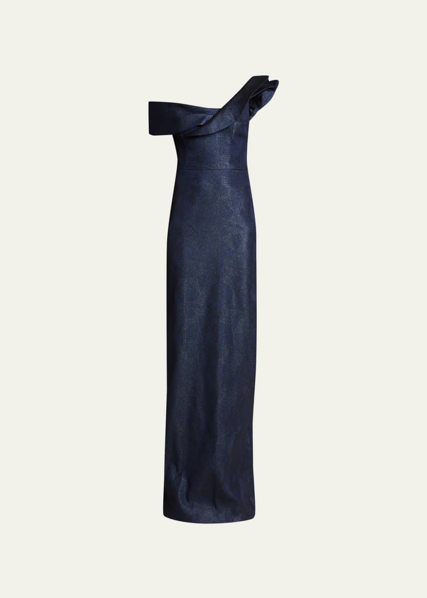 Rickie Freeman for Teri Jon One-Shoulder Tonal Metallic Jacquard Gown