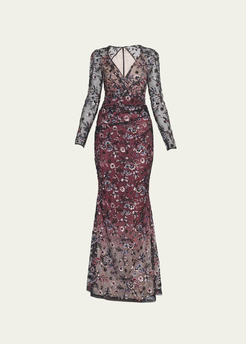 Talbot Runhof Floral Sequin Embroidered Mesh Overlay Gown