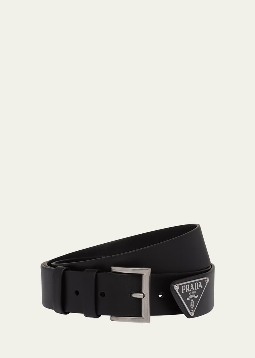 Prada Men's Vitello Show Triangle Logo Leather Belt