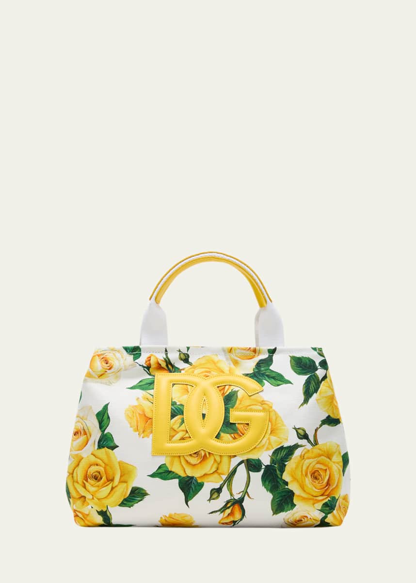 Dolce&Gabbana Kid's Carnation-Print Logo Canvas Tote Bag