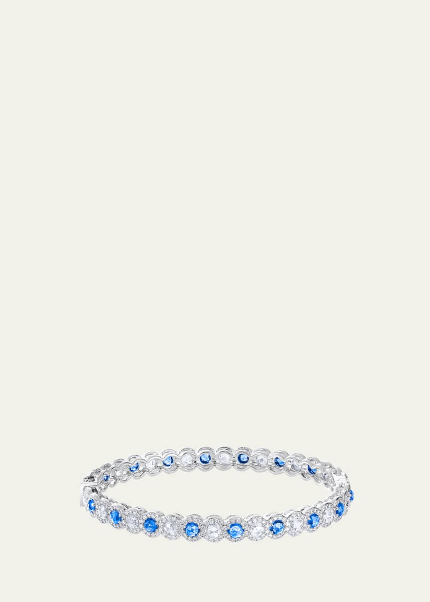 64 Facets 18K White Gold Oval Hinged Bracelet with Diamonds and Blue Sapphires