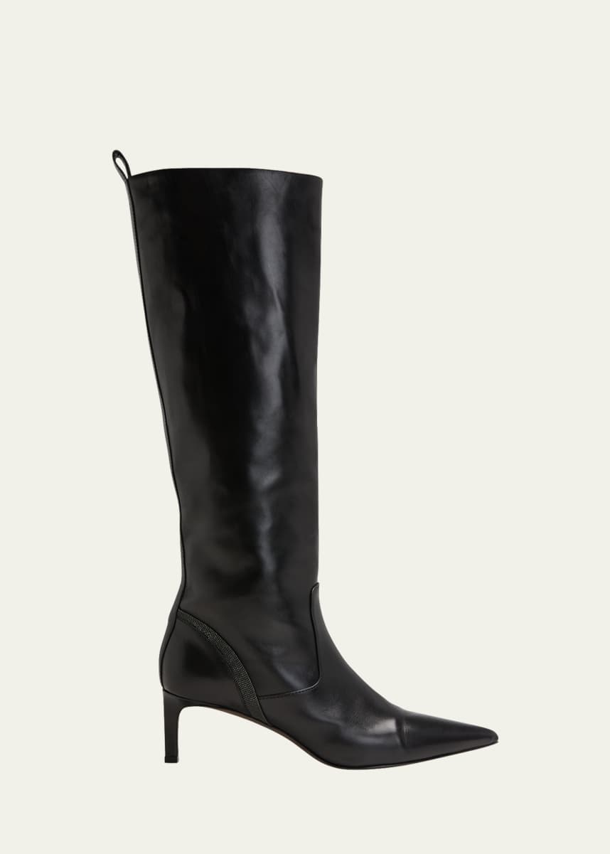 Brunello Cucinelli Leather Kitten-Heel Mid Boots