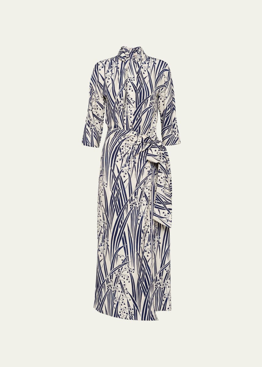 Prada Floral-Print Scarf-Neck Midi Dress
