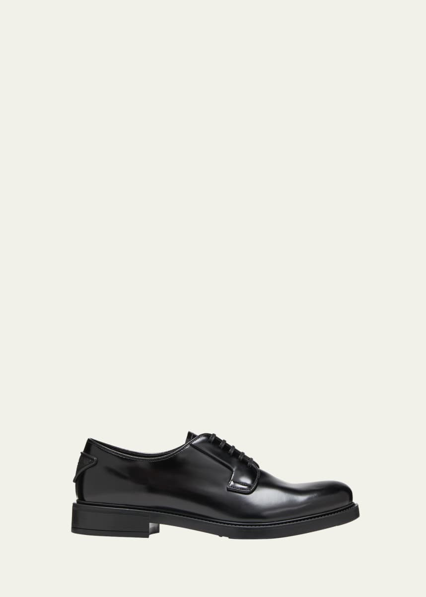 Prada Men's Brushed Leather Heel-Triangle Derby Shoes
