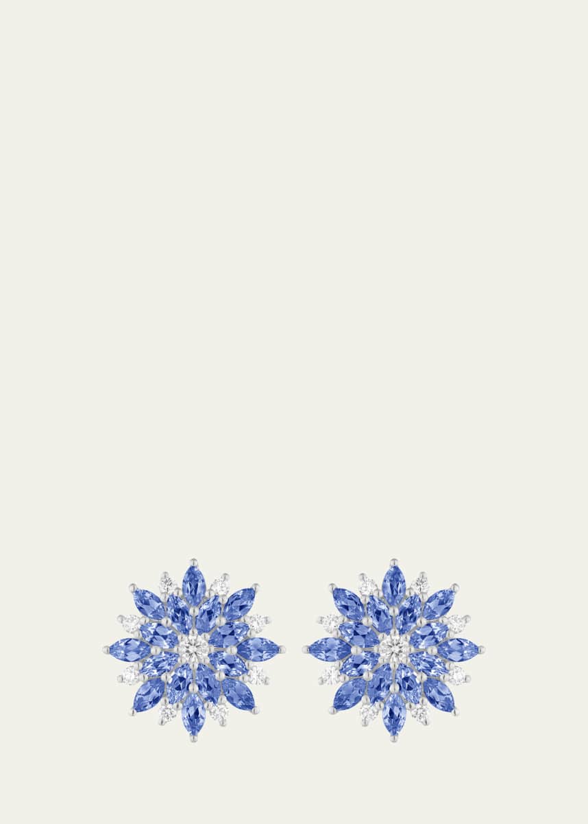 Paul Morelli 18K White Gold Dahlia Stud Earrings with Diamonds and Blue Sapphires