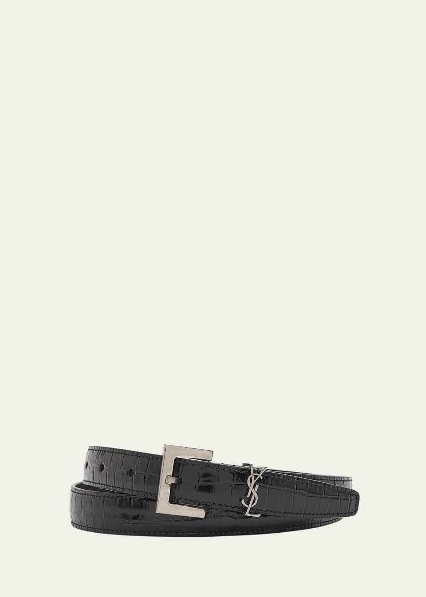 Saint Laurent Men's Skinny Croc-Embossed Leather Belt