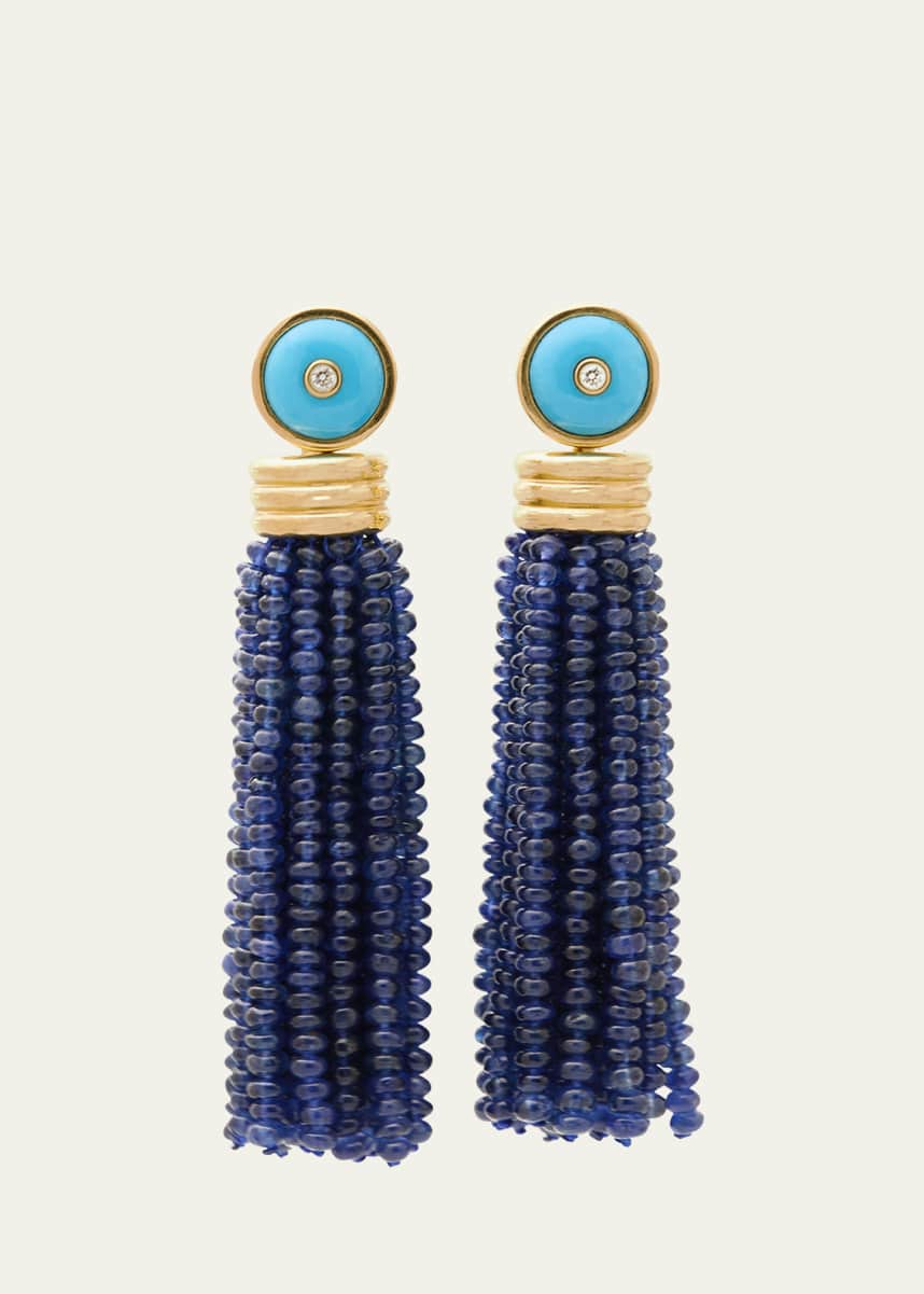 Sherman Field, 1967 18K Yellow Gold Triple Tassel Blue Sapphire Rondelle Earrings with Turquoise and Diamond Studs