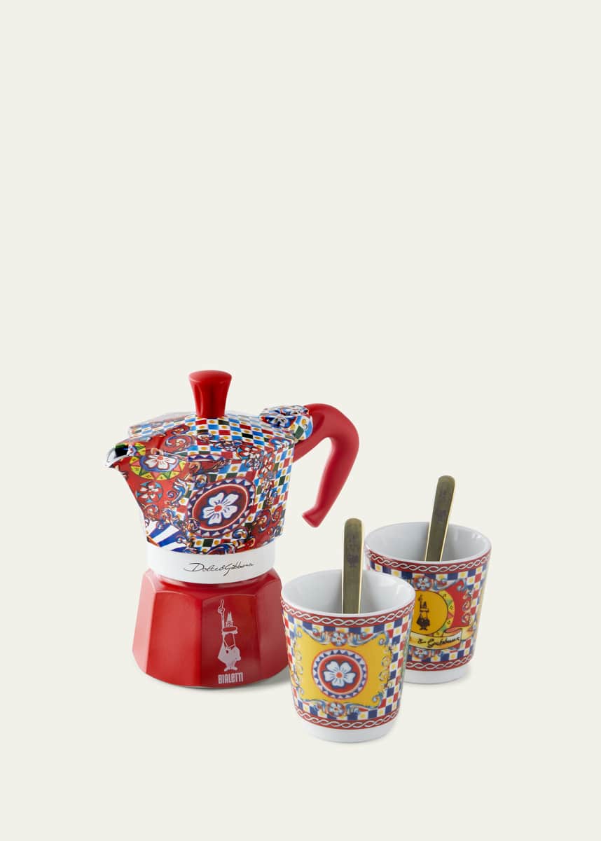 Bialetti x Dolce&Gabbana 2 Cup Moka Pot With Porcelain Cups And Golden Stirrers
