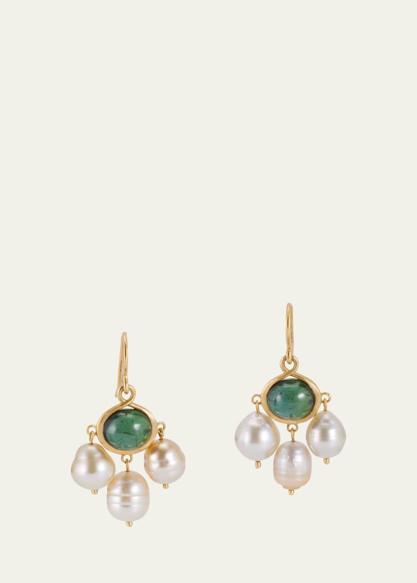 Prounis Jewelry 22K Yellow Gold Green Tourmaline and South Sea Pearl Unda Earrings