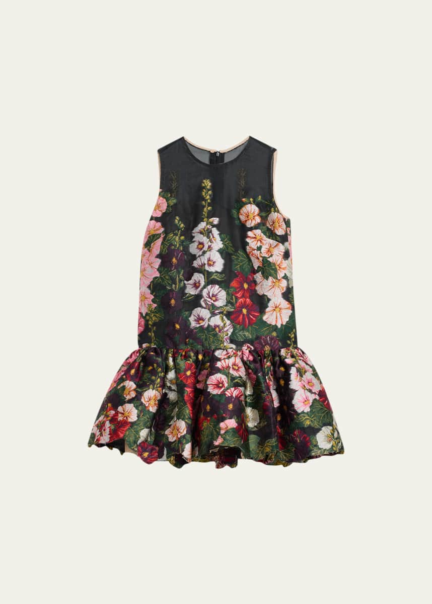 Oscar de la Renta Hollyhocks Embroidered Drop-Waist Fil Coupe Mini Dress