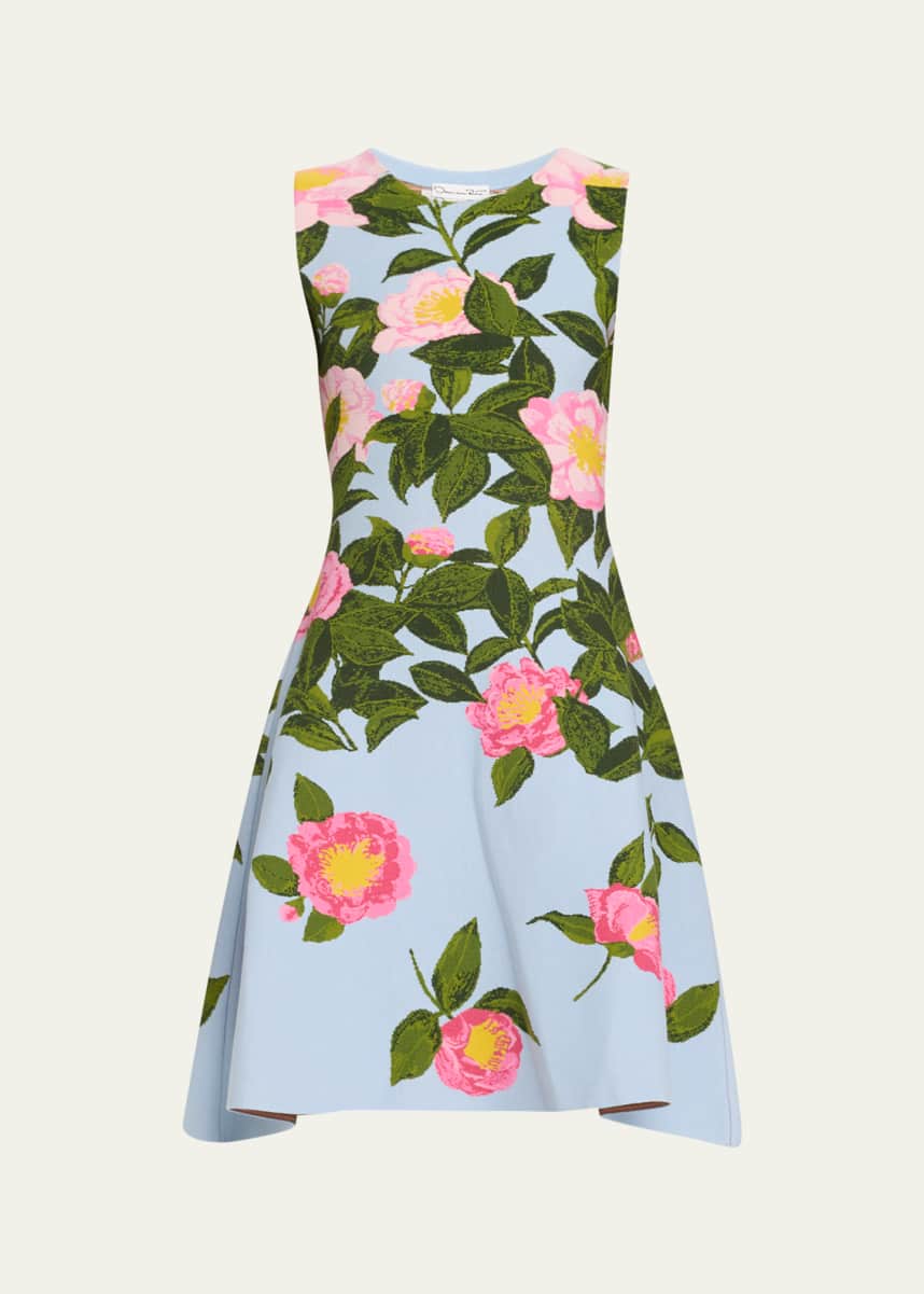 Oscar de la Renta Camellia Jacquard Fit-&-Flare Knit Sleeveless Dress