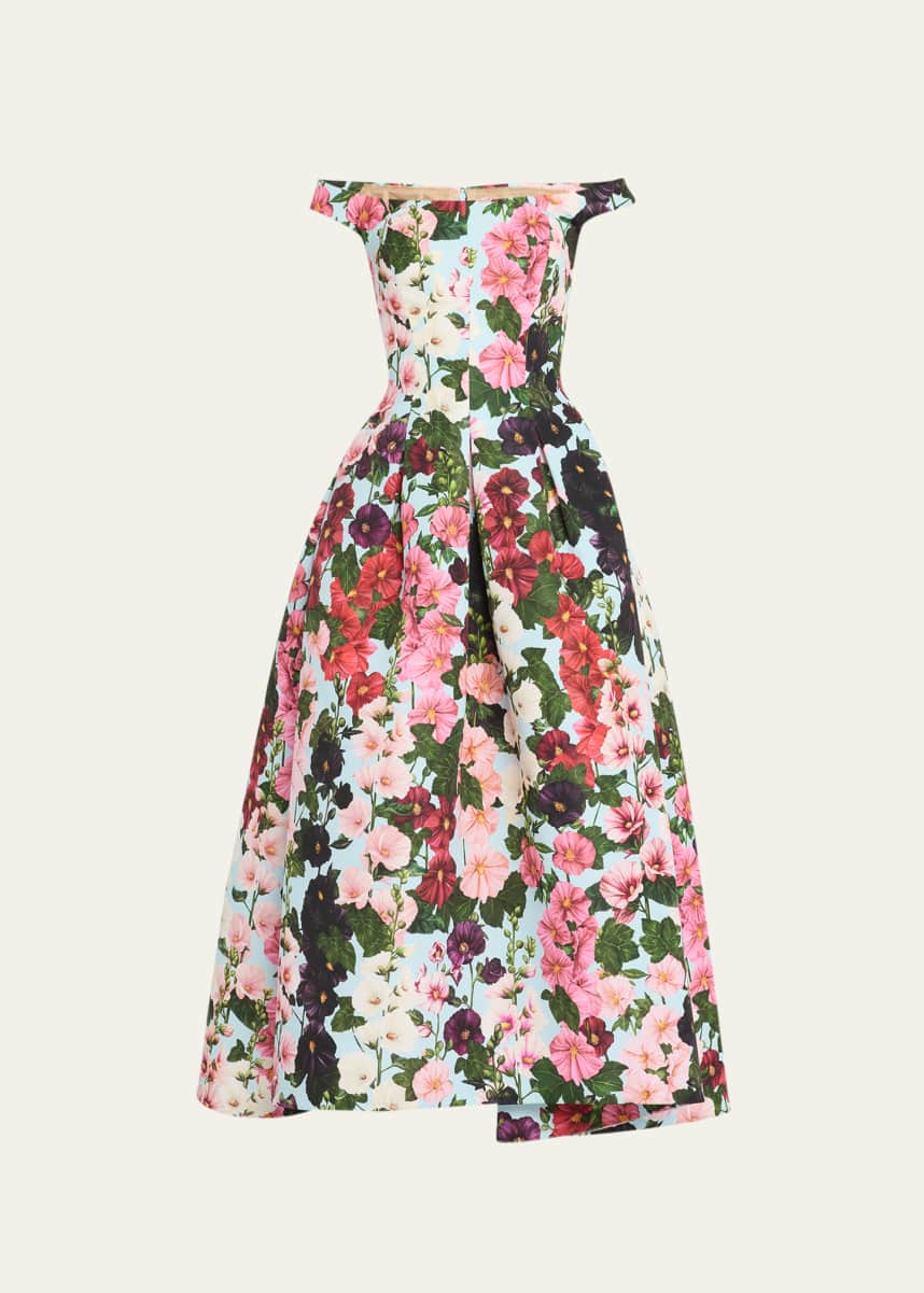 Oscar de la Renta Hollyhocks Floral-Print Off-The-Shoulder Faille Tea-Length Dress
