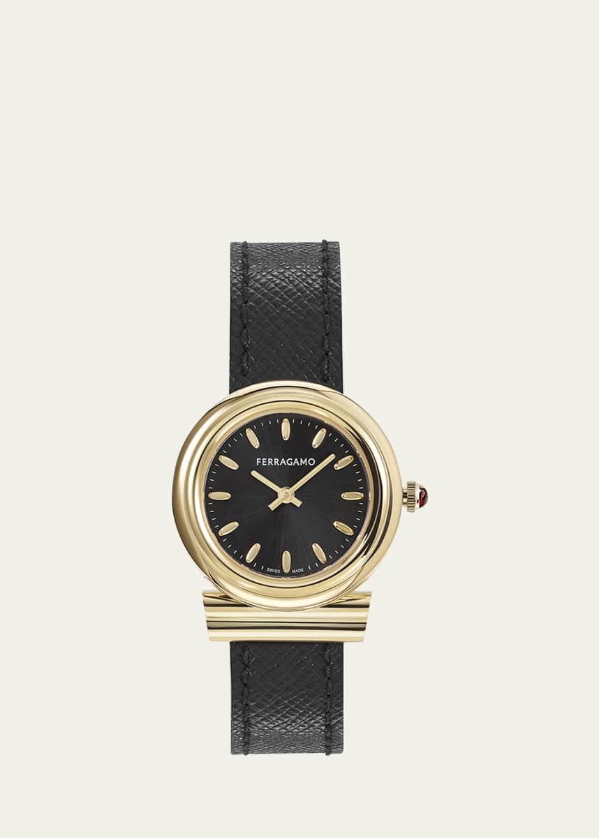Ferragamo 28mm Gancini Watch with Leather Strap, Black