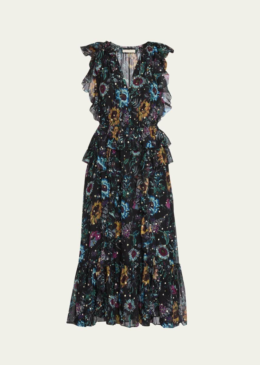 Ulla Johnson Adrienne Sleeveless Tiered Ruffle Printed Midi Dress