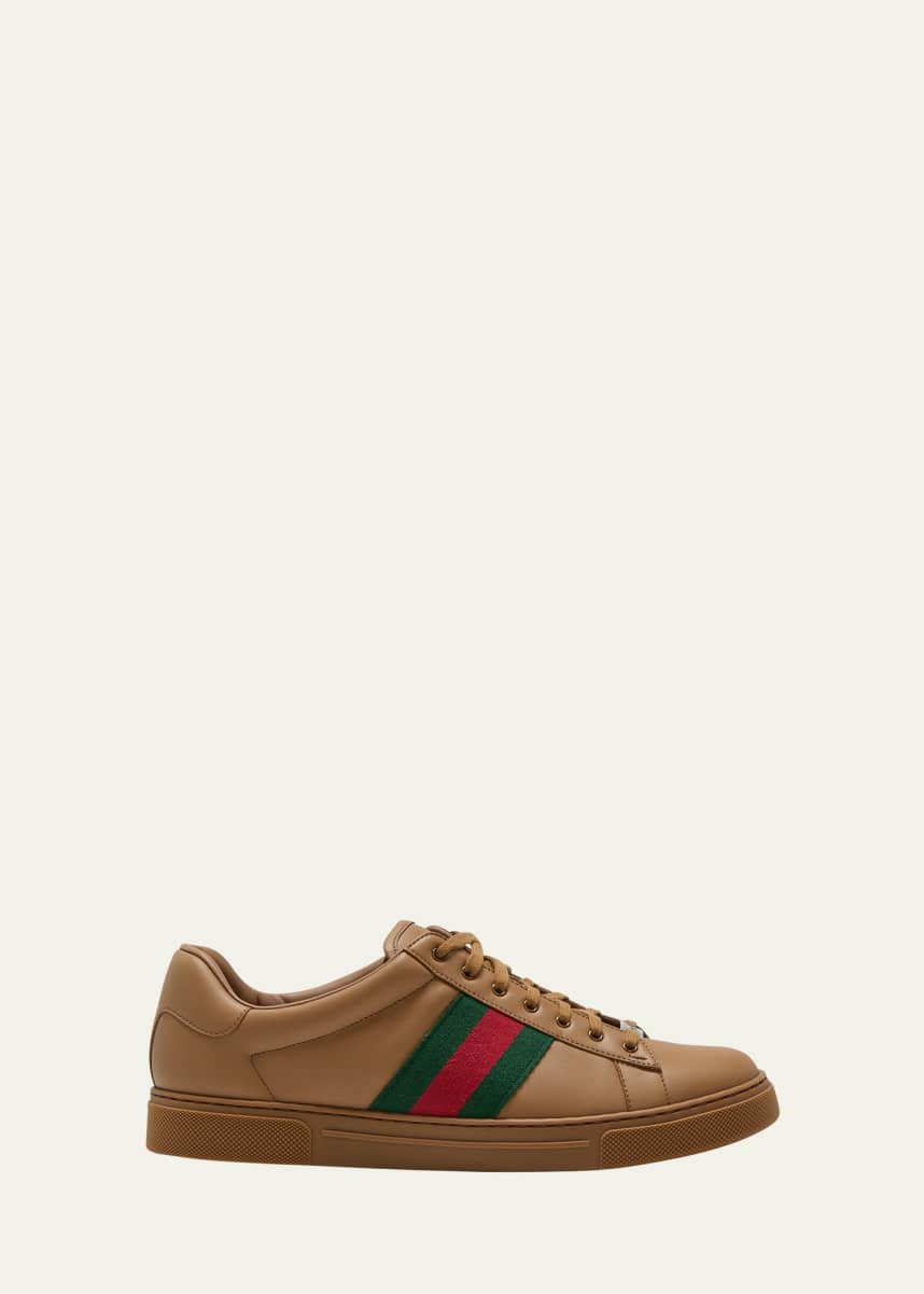Gucci Men's Ace Leather Low-Top Sneakers with Web