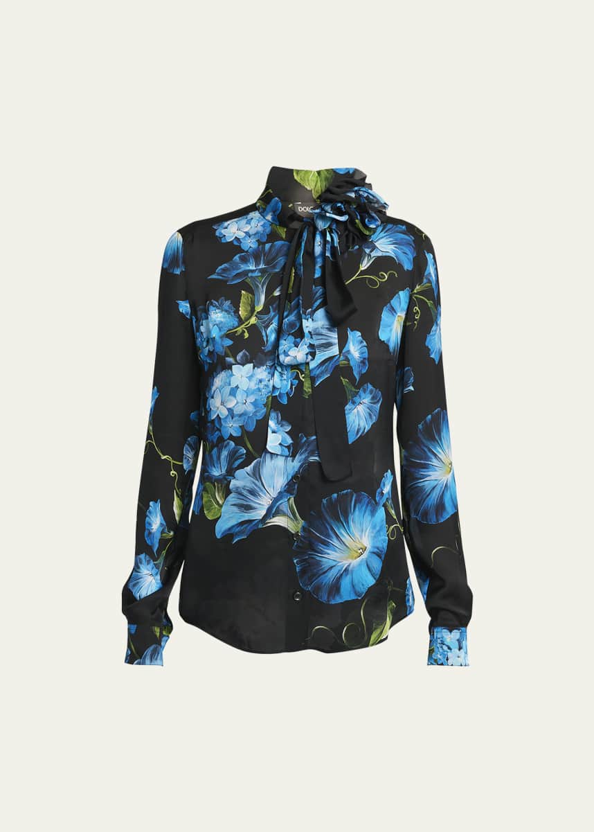 Dolce&Gabbana Satin Bluebell Print Blouse with Tie Neck