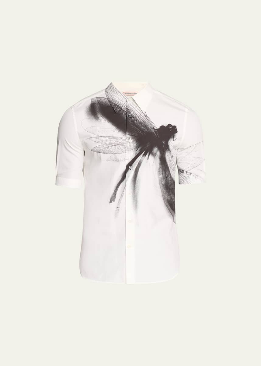 Alexander McQueen Men's Cotton Poplin Dragonfly Print Short-Sleeve Shirt