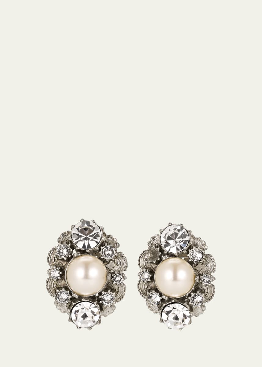 Ben-Amun Silver Crystal Oval Clip On Earrings with Pearly Center