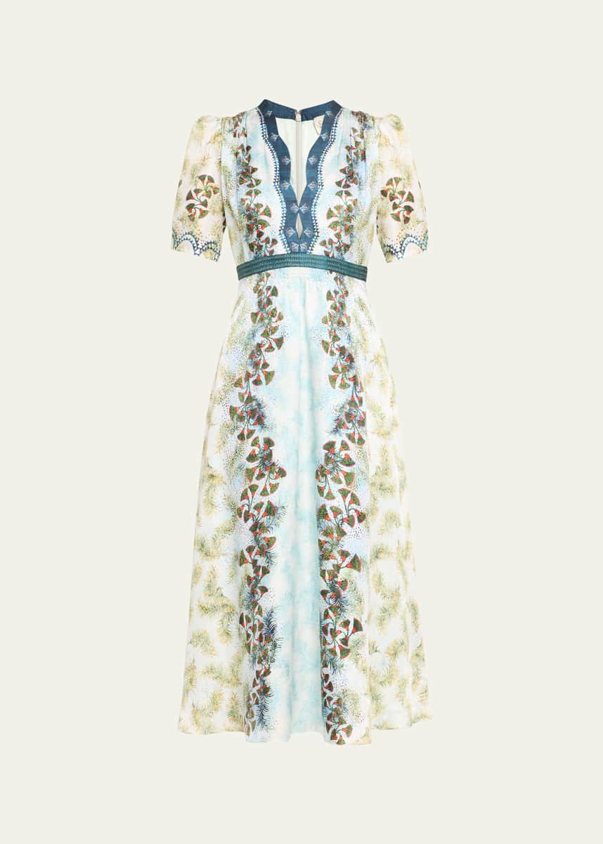 Saloni Tabitha Printed Silk Puff-Sleeve Midi Dress