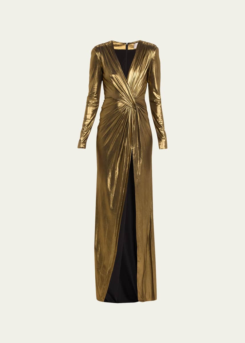 Pamella Roland Metallic Draped Lame Gown with Slit